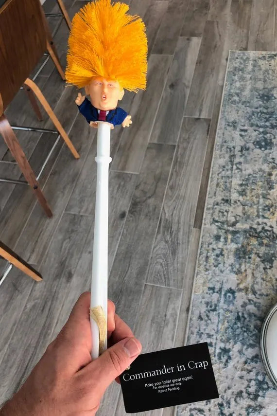 Yellow funny Donald Trump toilet brush made of plastic, 40cm long, with hanging slot