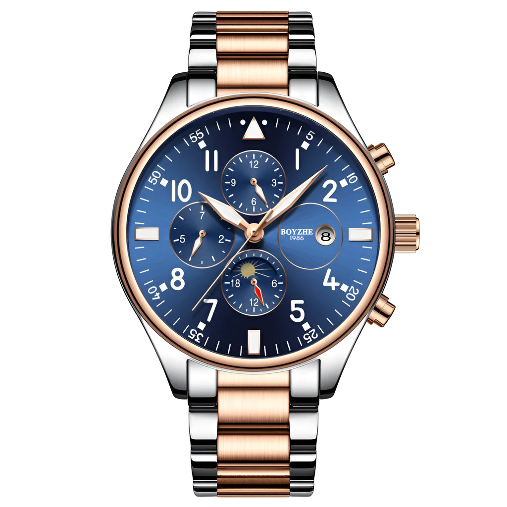 Automatic mechanical watch with 40mm metal case and steel belt in rose gold blue finish