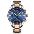 Automatic mechanical watch with 40mm metal case and steel belt in rose gold blue finish