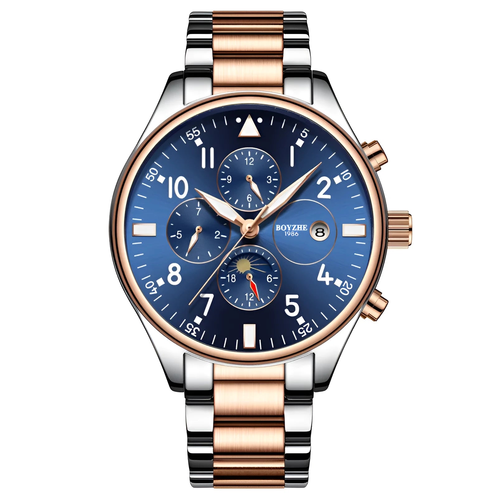 Automatic mechanical watch with 40mm metal case and steel belt in rose gold blue finish