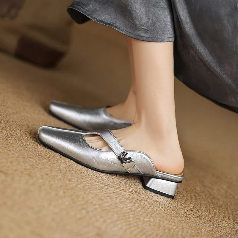 Women's low-heel casual slipper with a square toe in artificial PU, shown in a choice of colours.