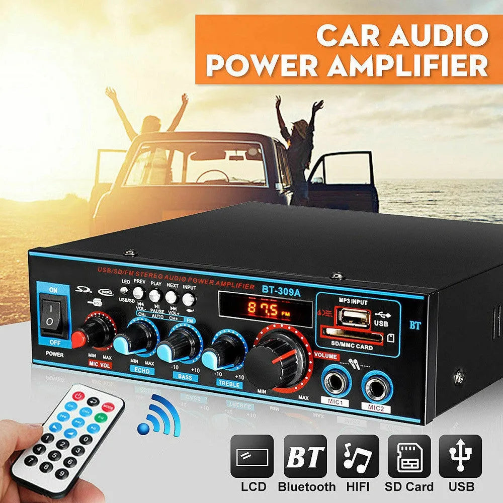 BT-309A-A black dual-purpose power amplifier with remote control for home and car audio