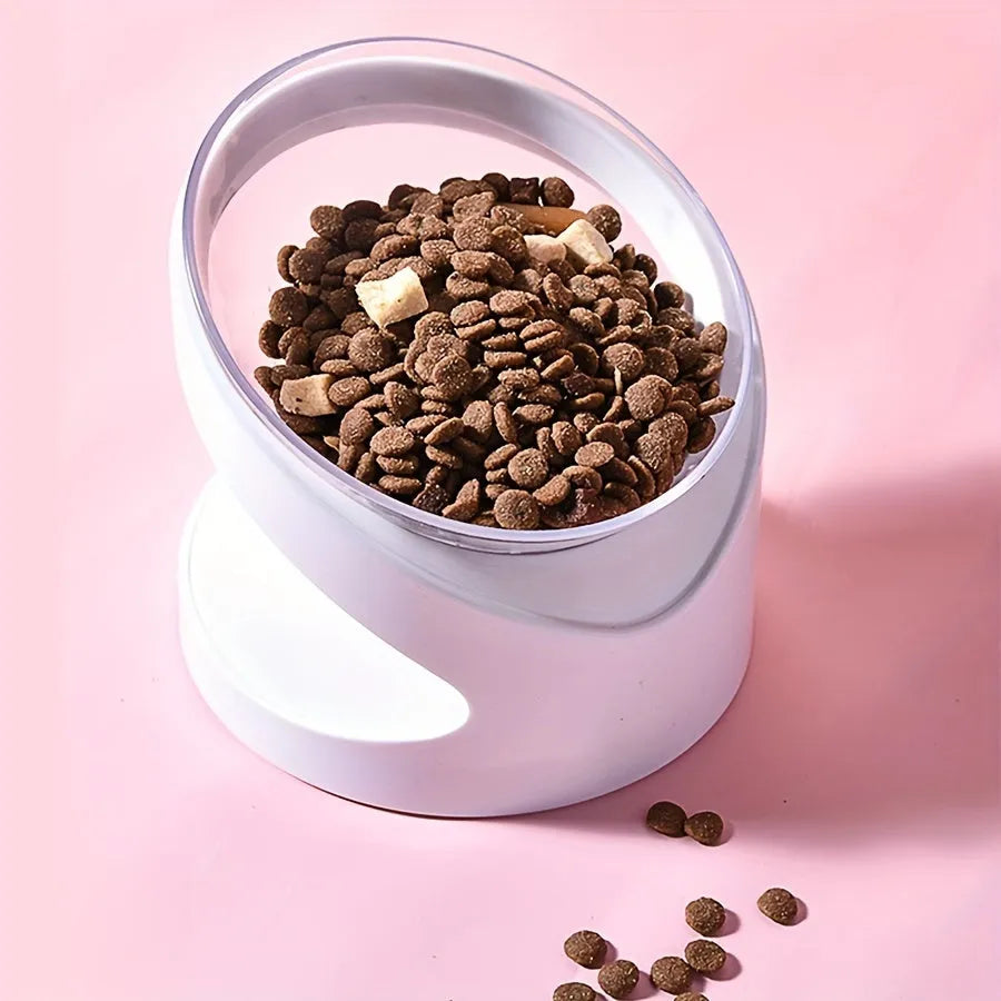 White clear plastic tilted cat food bowl for ergonomic feeding