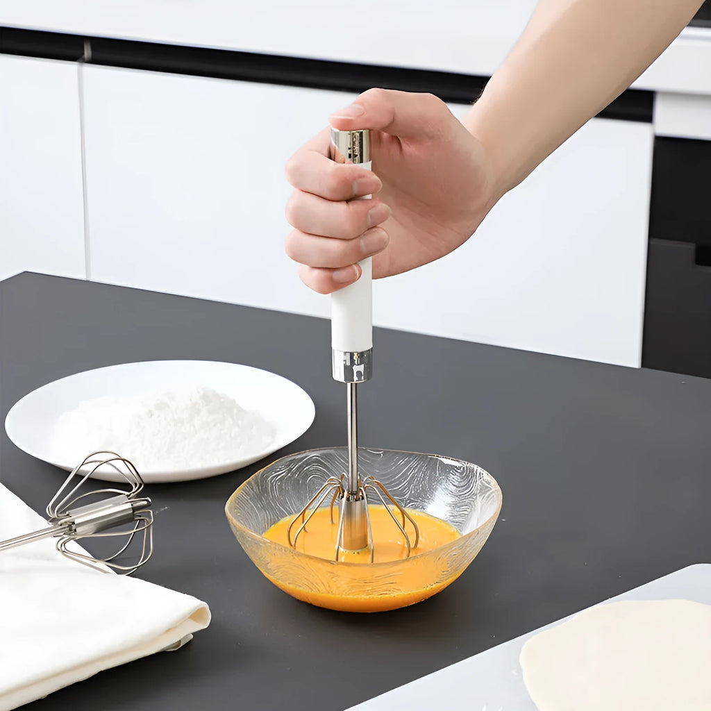 Semi-automatic stainless steel egg beater whisk with hand pressure rotating handle, 10 steel wires, silvery and white colours