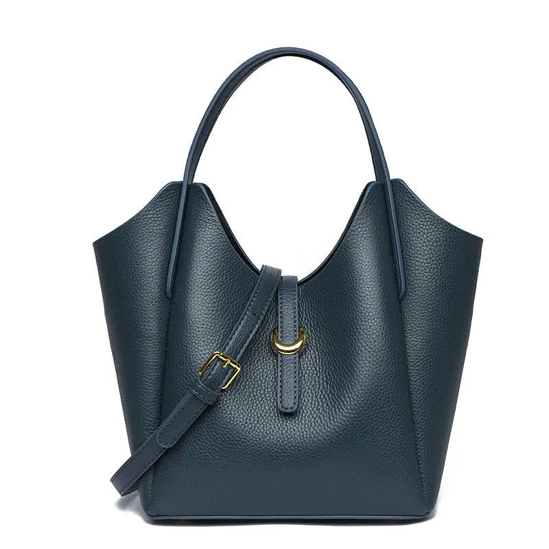 Genuine leather women's bucket handbag in European American retro style with hand holding design