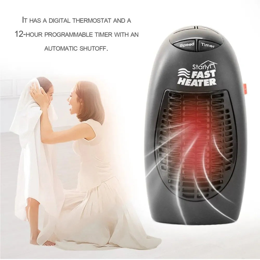 Black mini ceramic electric heater with digital display and rotating plug