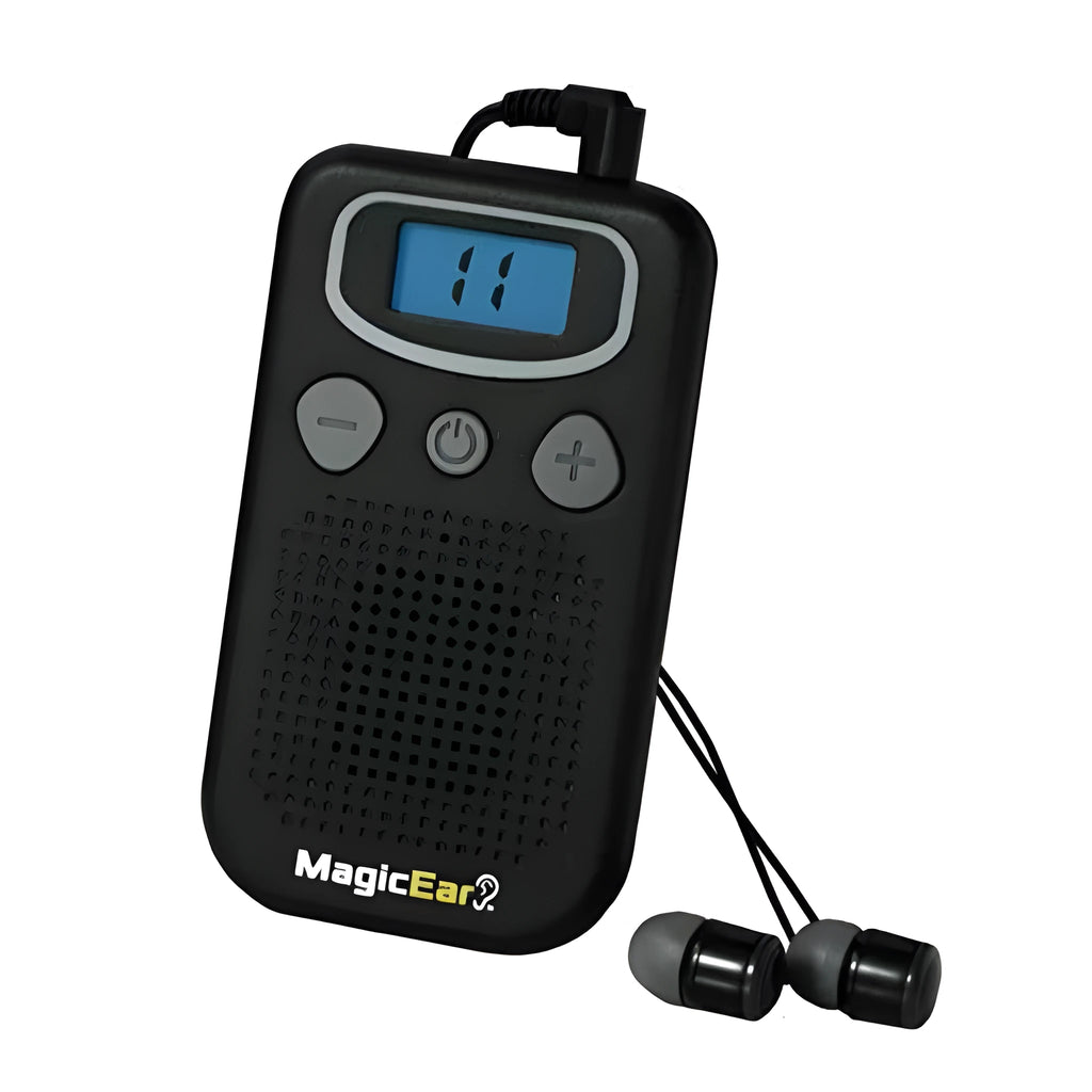 Digital display mobile hearing aid booster sound amplifier in brilliant colour with handheld FM radio design