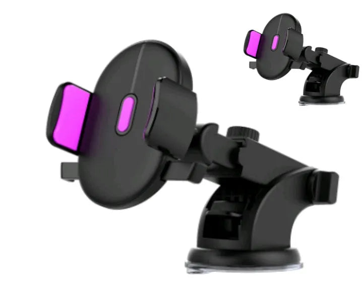Black telescopic car dashboard phone holder with extended arm and gel suction cup mounted on a textured surface.
