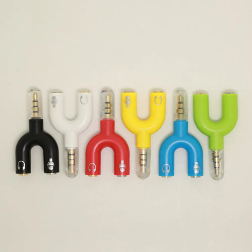 3.5mm audio splitter adapter in multiple colours with gold-plated connections for phones and laptops