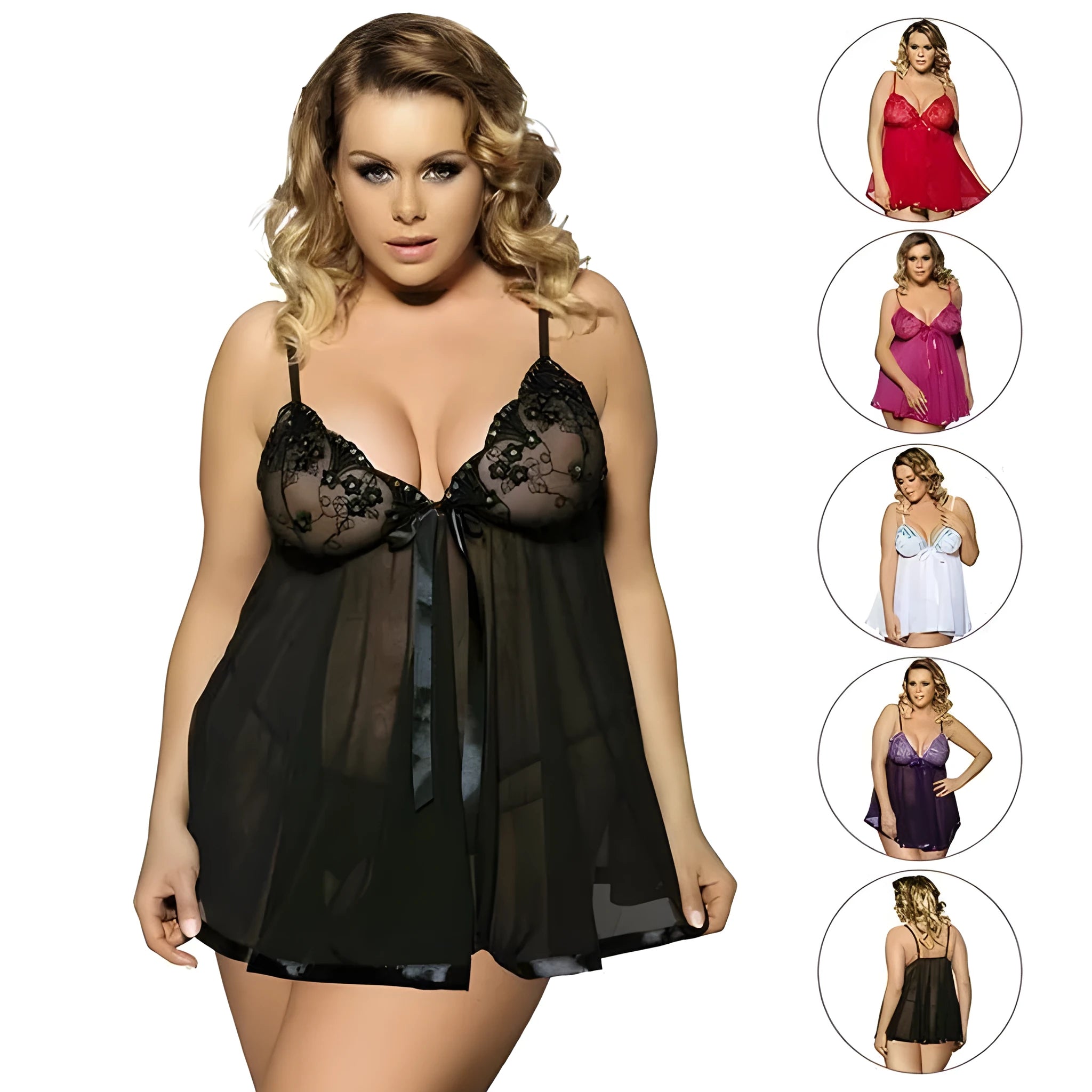 Women plus size polyester lace sleepdress in black with see-through mesh, size 6XL