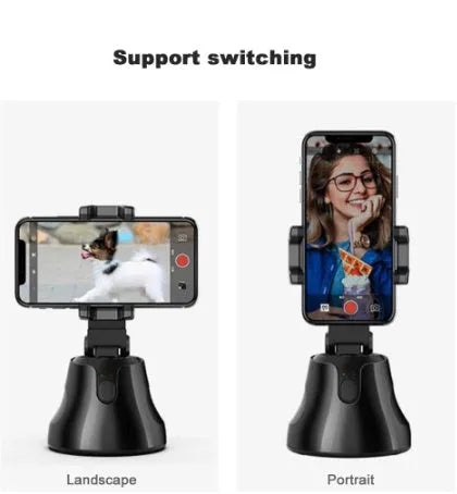 Black smartphone automatic shooting selfie stick with 360° face tracking on three-foot bracket showing phone holder and rotation mechanism