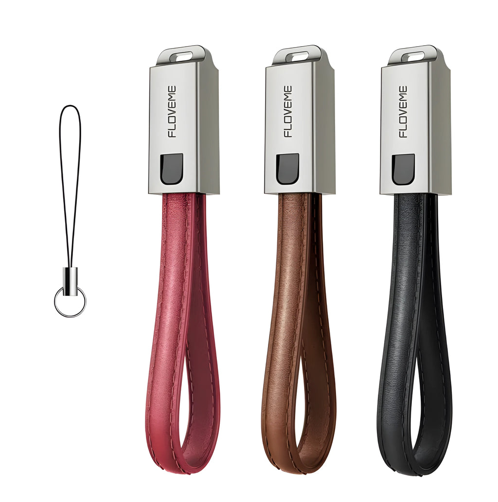 USB to Apple Lightning charging cable with leather braiding and zinc alloy connector in black, brown or red colours