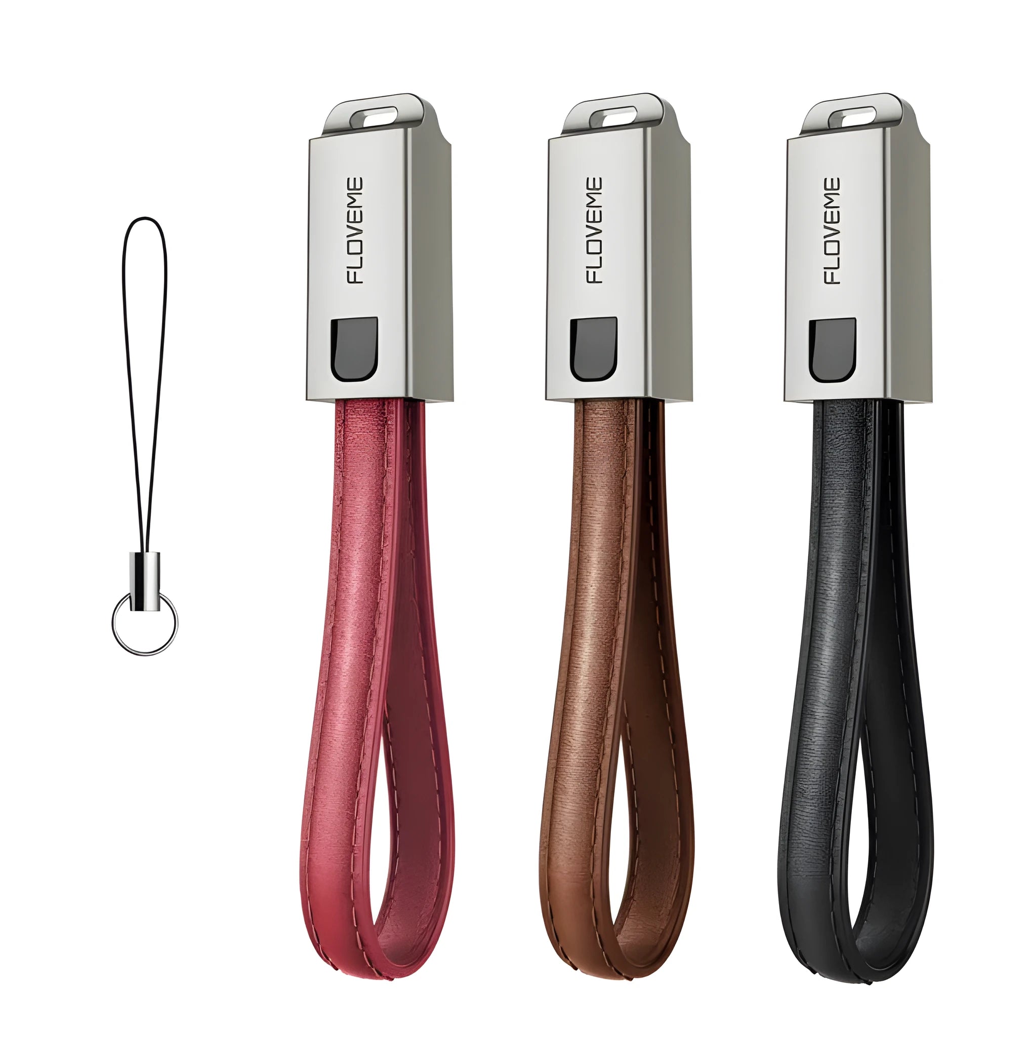 USB to Apple Lightning charging cable with leather braiding and zinc alloy connector in black, brown or red colours