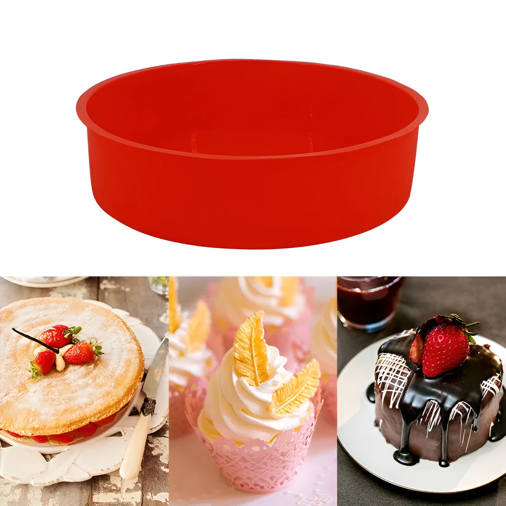 Round red silicone cake mould 8 inch 20cm diameter on baking tray