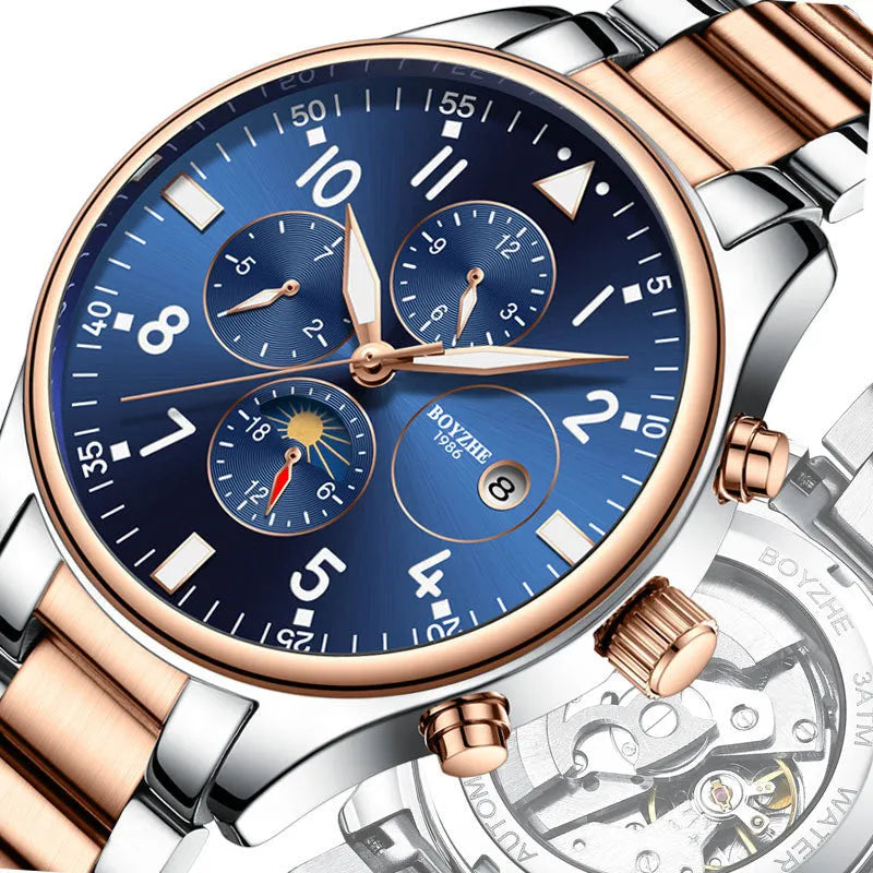 Automatic mechanical watch with 40mm metal case and steel belt in rose gold blue finish