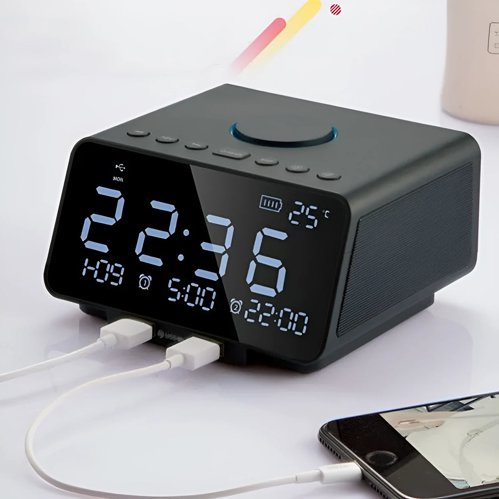 Wireless alarm clock speaker in black with digital display and Bluetooth streaming