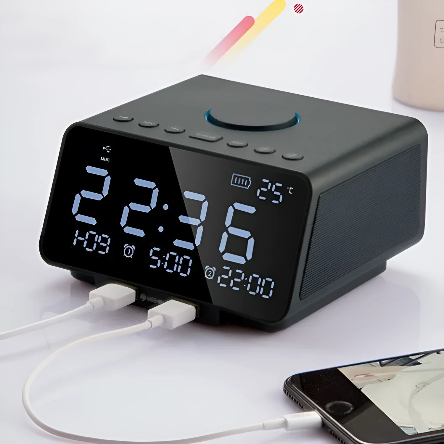 Wireless alarm clock speaker in black with digital display and Bluetooth streaming