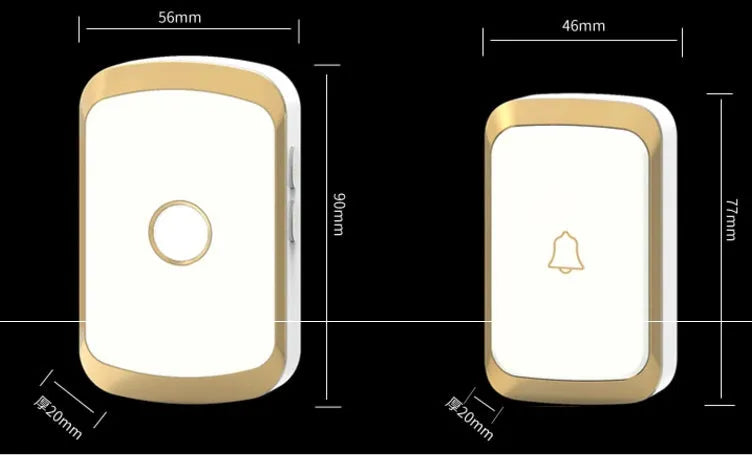 Wireless doorbell system with plug-in receiver and battery transmitter showing 300m range and 36 melody options