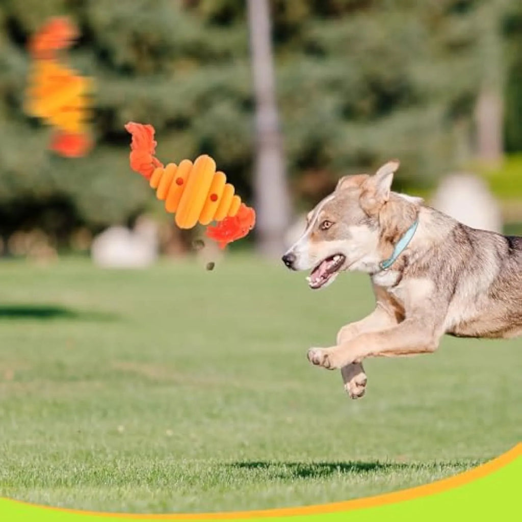 Green and yellow dog ball with rope toy for large breeds showing treat dispensing slot