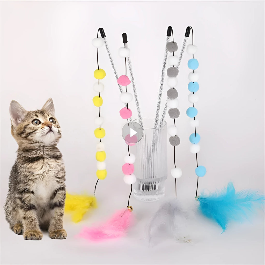 Blue cat teaser interactive toy rod with bell and pompon feather, 31cm long