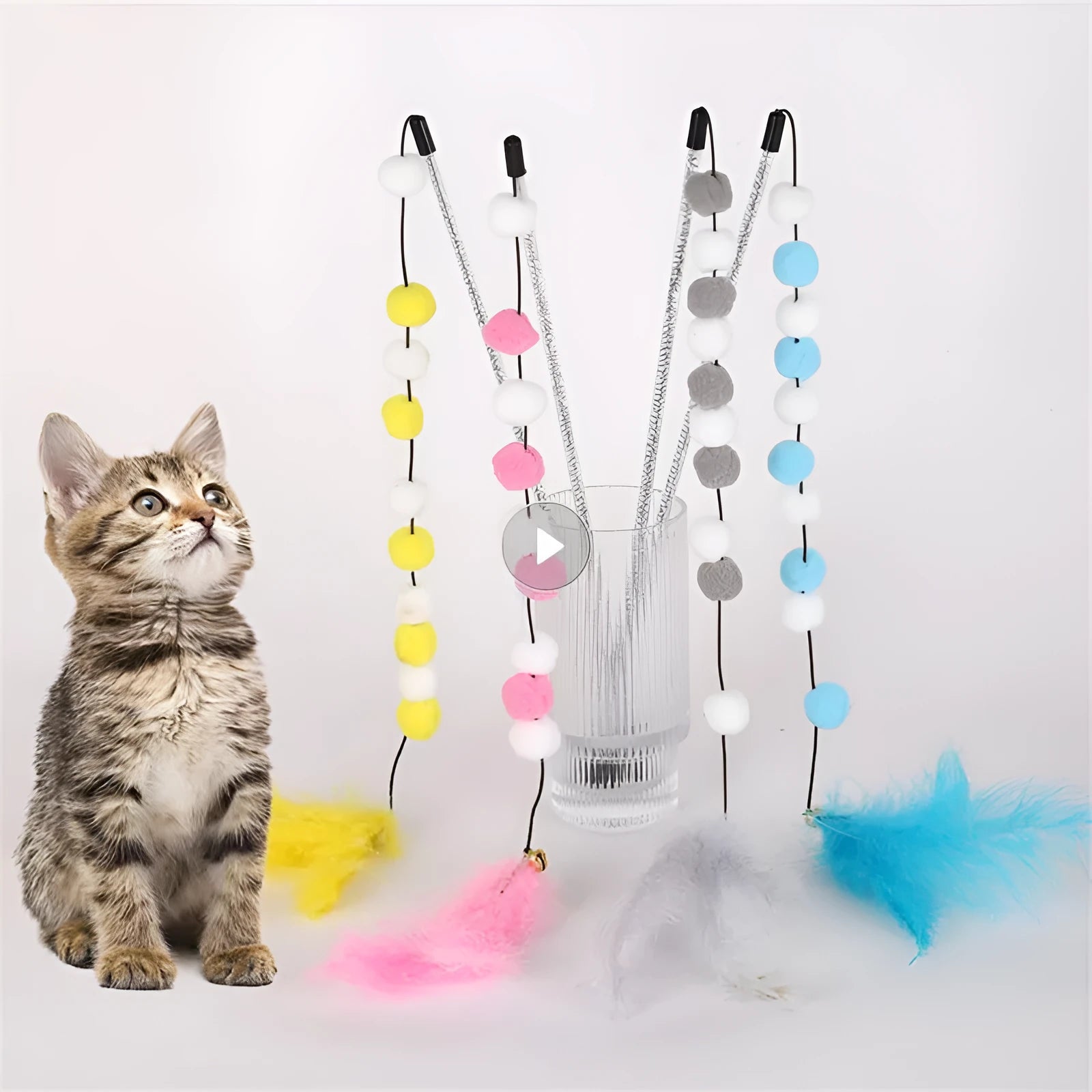 Blue cat teaser interactive toy rod with bell and pompon feather, 31cm long