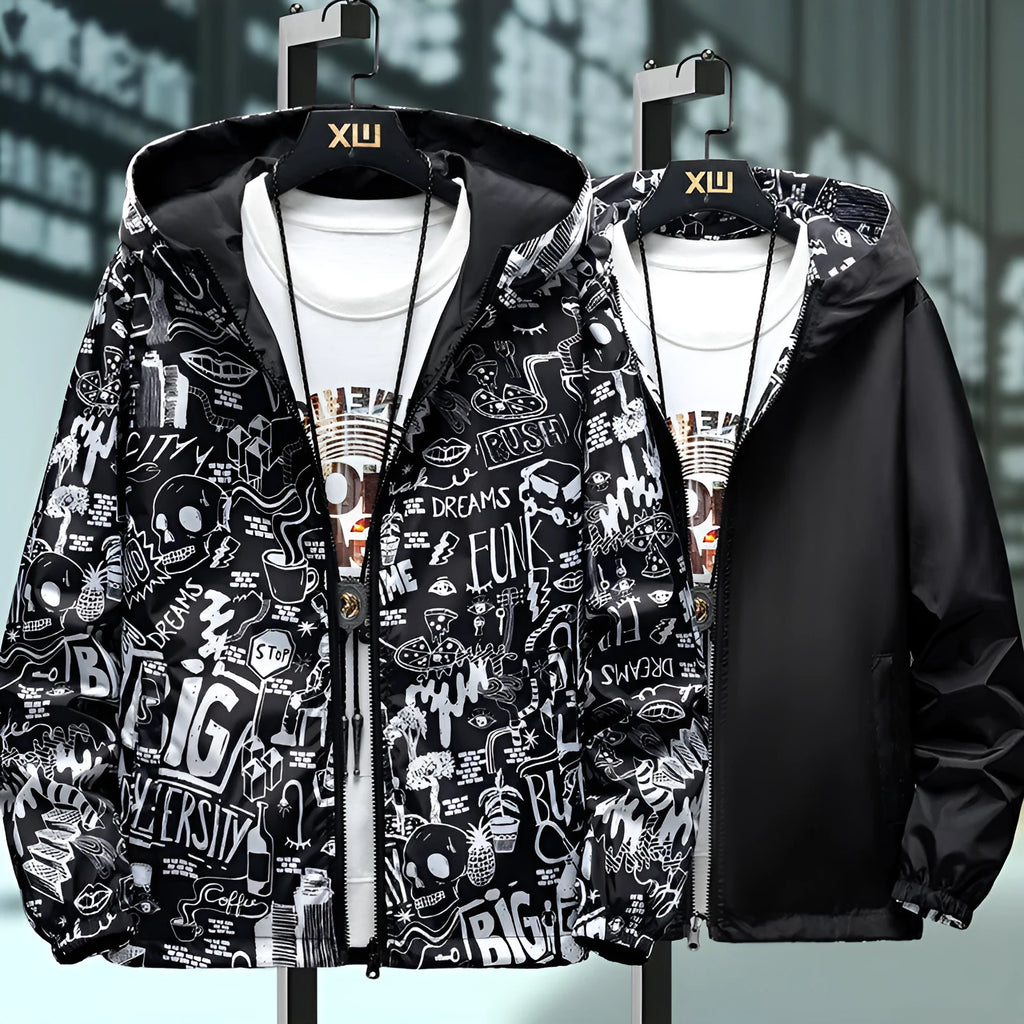 Men's loose fit reversible jacket with solid colour and flower pattern in black, front view