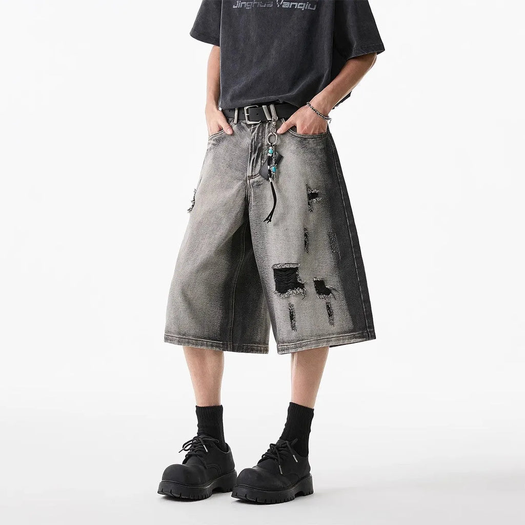 High Street loose fit cotton denim shorts in gray with water washed hole detail for summer