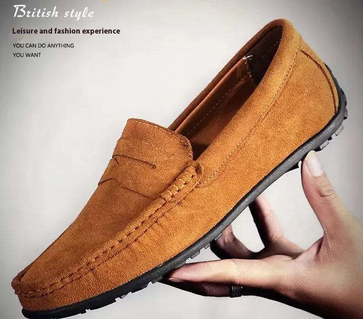 Men's brown suede leather casual loafers with rubber sole and round toe.