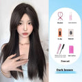 Forehead lace long straight hair full-head wig with side bangs in dark brown