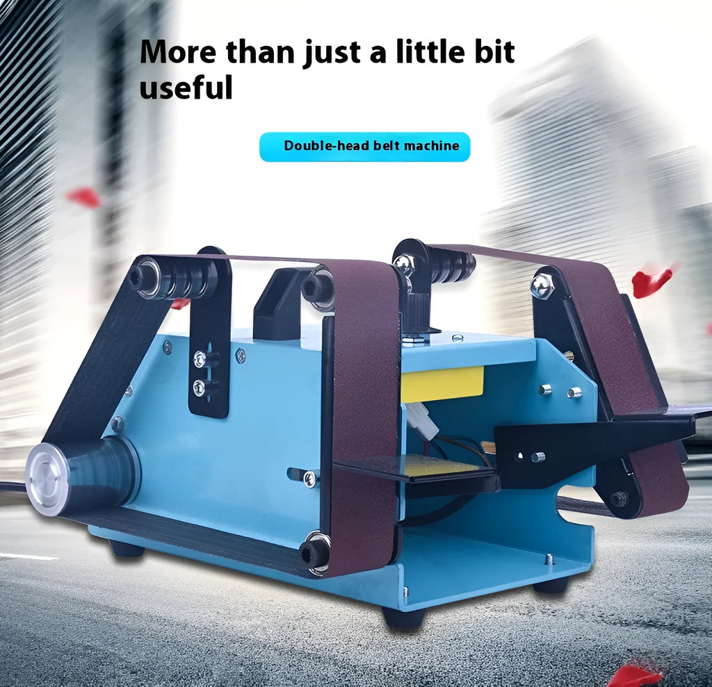 Blue desktop dual-axis belt sander with 40x680mm abrasive belt and knife sharpening tool