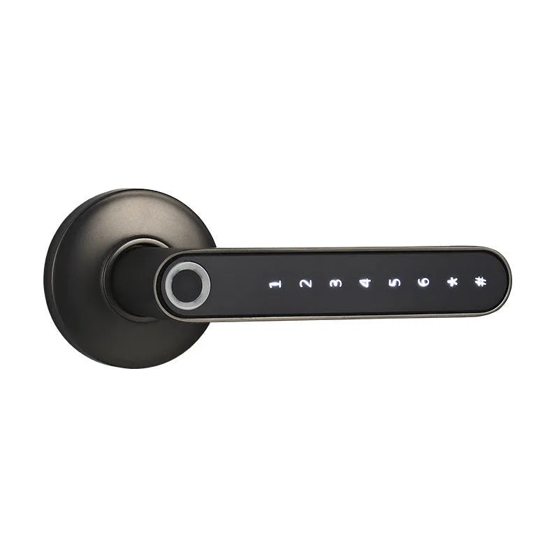 Black alloy smart lock with fingerprint sensor and keypad on a door handle for keyless home security