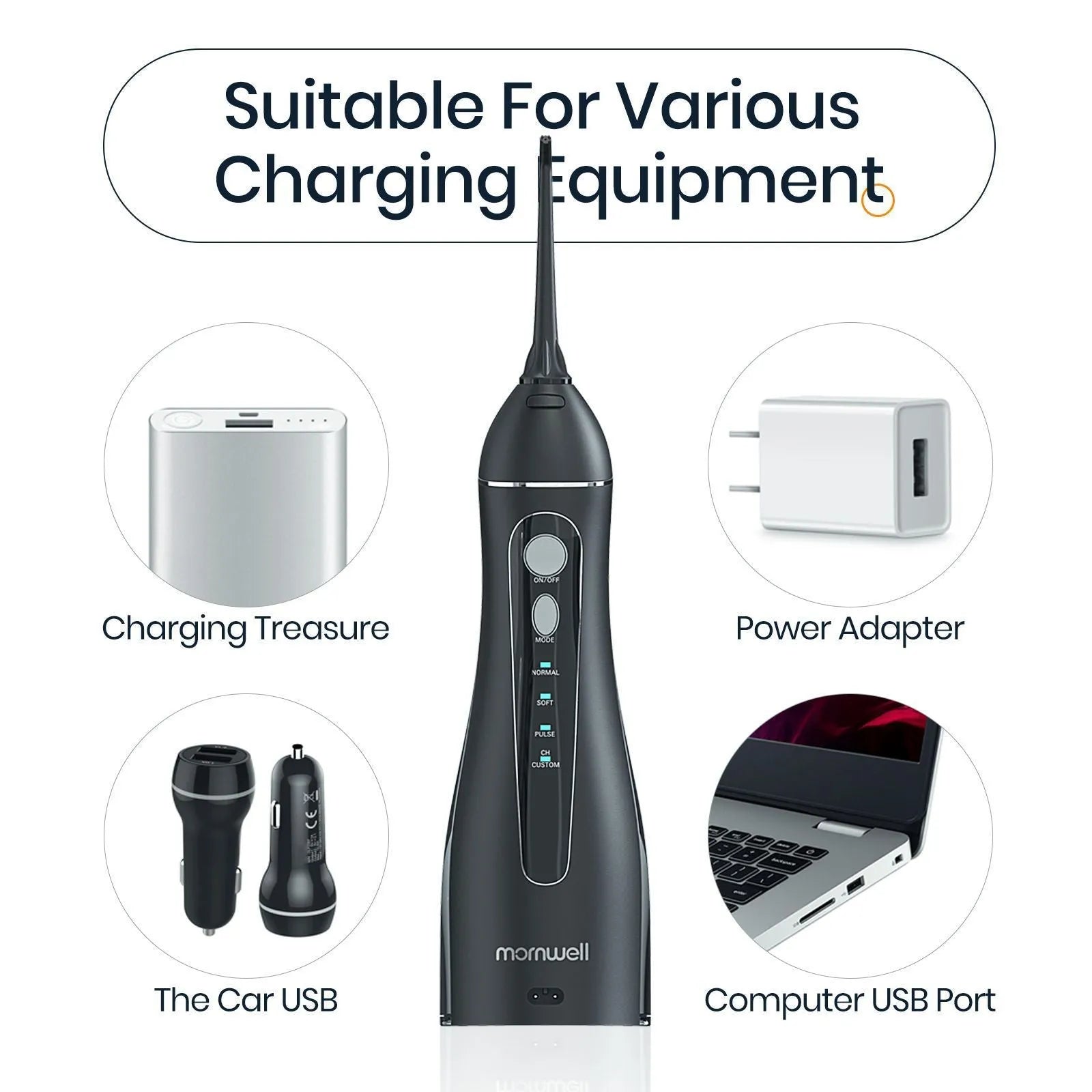 Portable electric water pick oral irrigator in black with rechargeable battery for adult home use