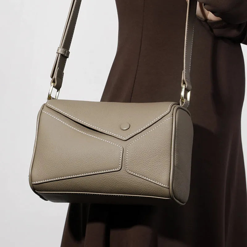 Genuine leather women's crossbody bag in brown, first layer cowhide, soft square shape with zipper changing bag
