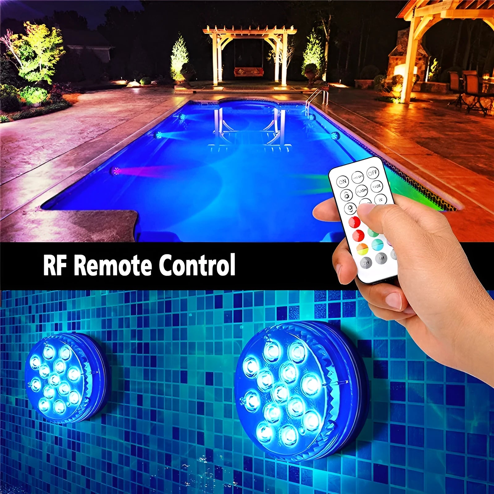 Remote control colour changing diving light with IP68 waterproof rating for pool and garden use