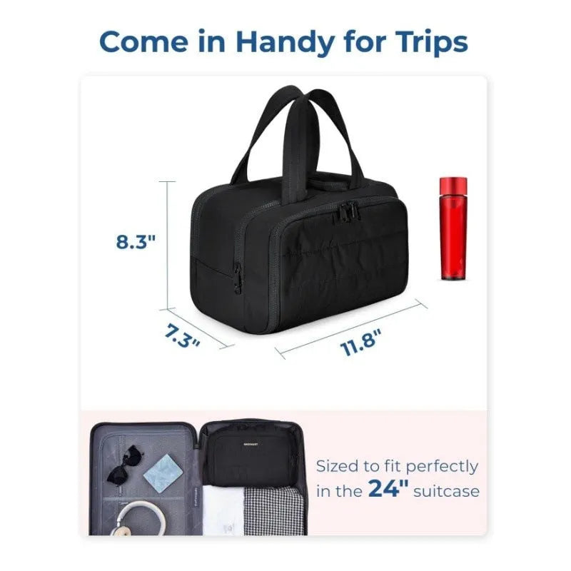 Large lightweight polyester travel toiletry bag with wide opening in beige colour on a neutral background.