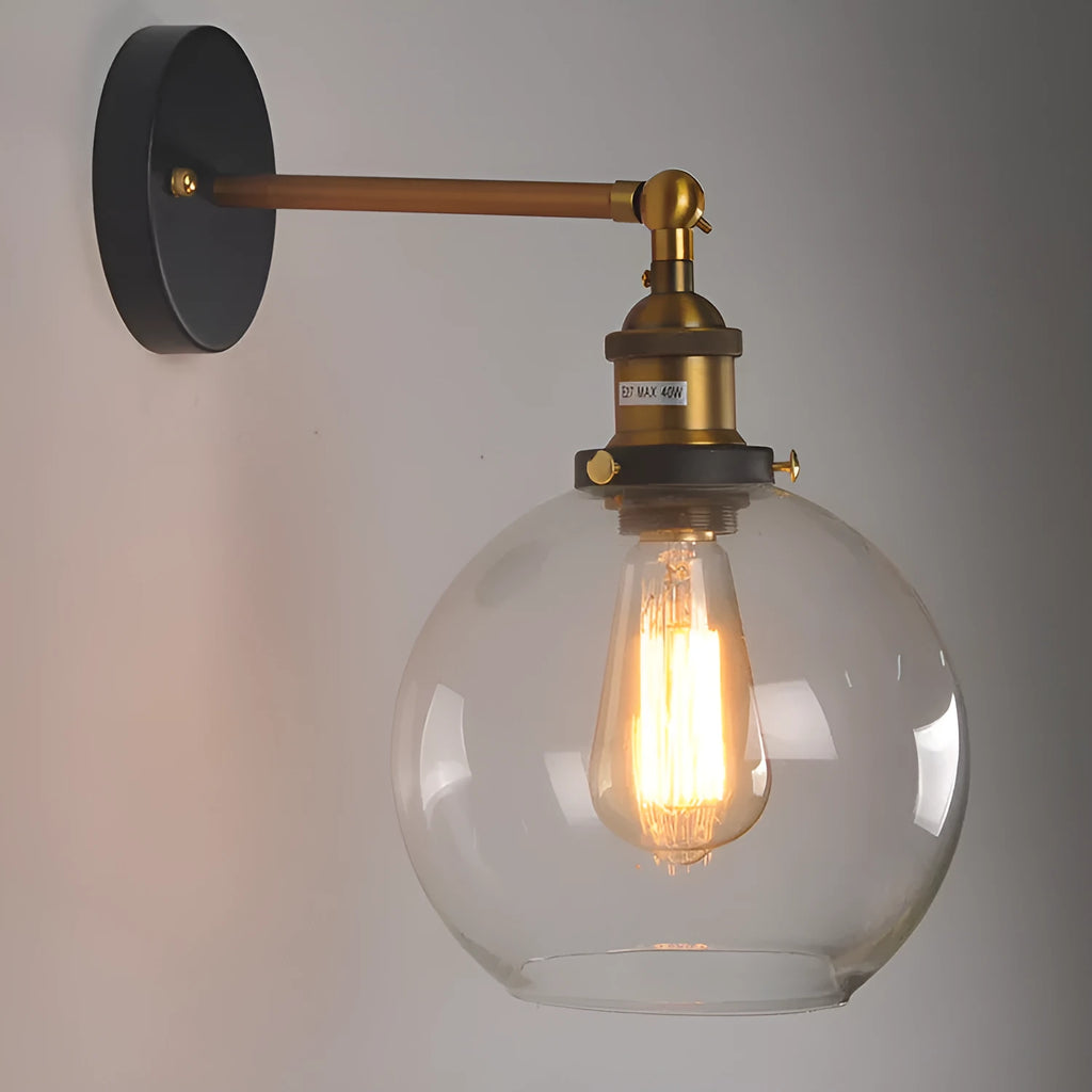 Retro round ball glass wall lamp with aluminium holder in amber, smoke grey, or transparent colour