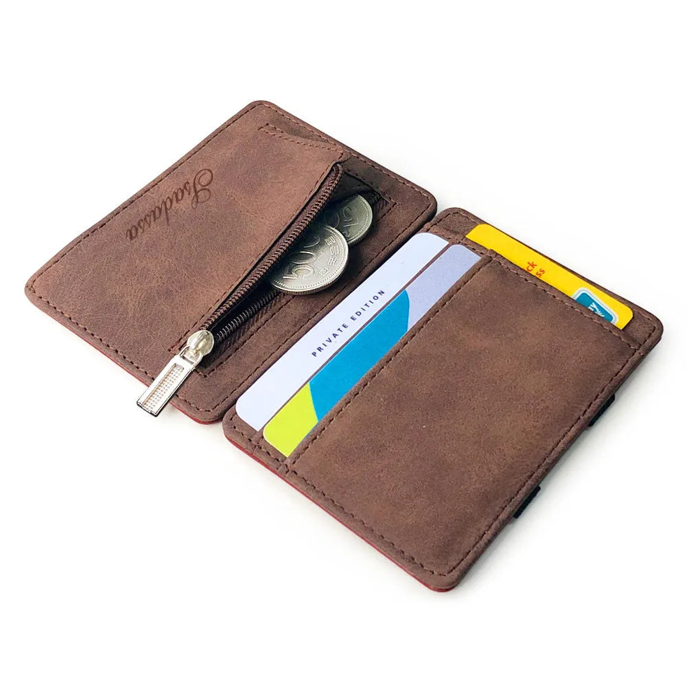 Matte leather magic wallet in horizontal square shape with sewing line details, shown in multiple colours