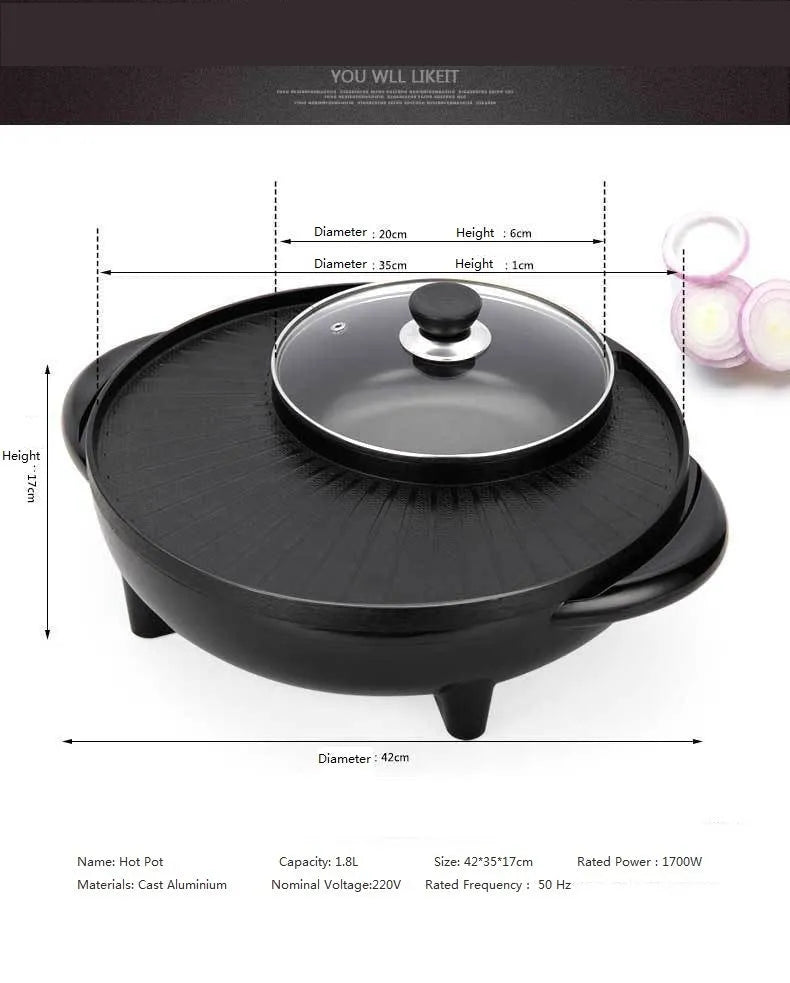 Black Korean-style multifunctional electric hot pot and grill with 5L capacity, 1400W, aluminium alloy inner pot, and wave-plate baking tray