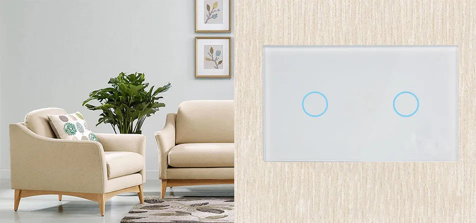 2-gang touch light switch with tempered glass panel and RF remote control in black, white, or gold