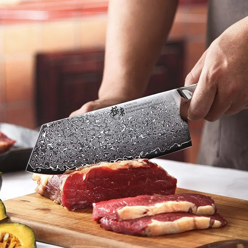 Damascus kitchen knife 7.5 inch blade 67-layer forged stainless steel New Chinese style knife on cutting board