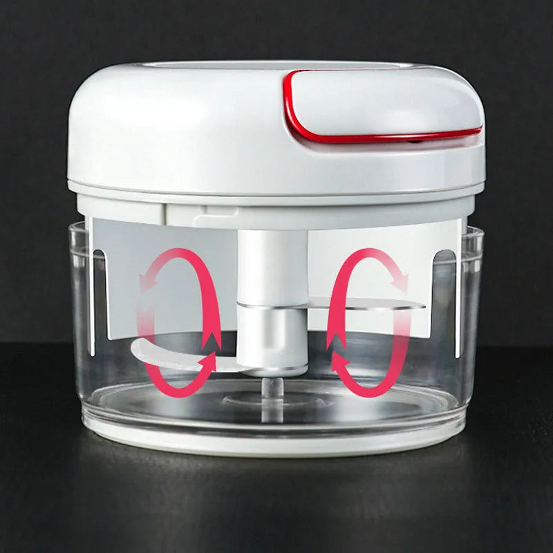 White manual food chopper with 304 stainless steel blades and magnetic attachment, 8.5 x 7 cm size