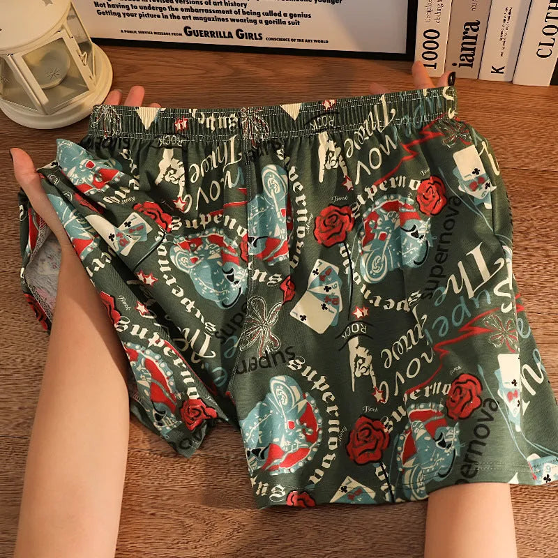 Cotton printed men's home loose casual boxer shorts in gray, knitted fabric, mid-waist, breathable