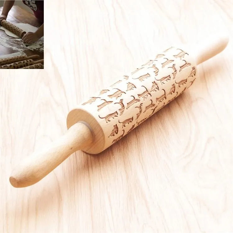 Natural wooden rolling pin with Christmas embossing patterns, 45 cm length, on a light background