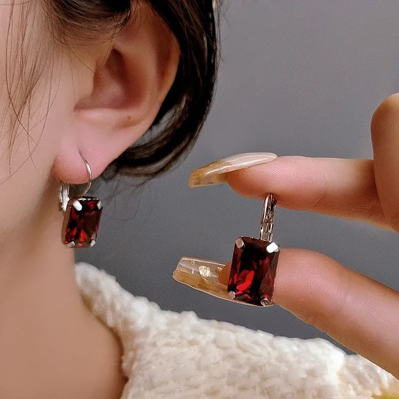 Women's square crystal stud earrings in copper setting, 25x10mm size, available in purple red yellow