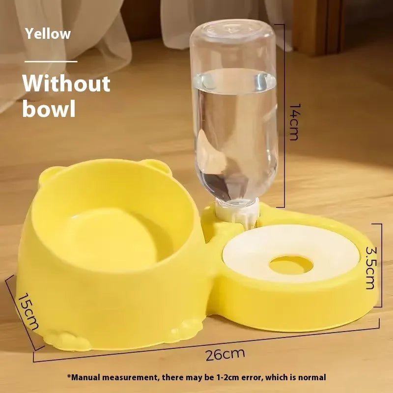 Automatic double bowl pet feeder with gravity dispenser in pink colour on elevated stand