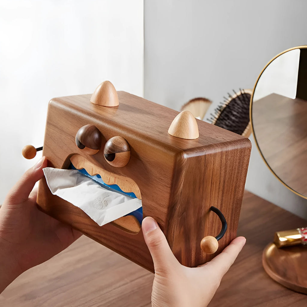 Wooden cartoon tissue box with Little Monster design in walnut beech colour