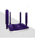 Blue 4G dual-mode router with four antennas, showing compact size and connectivity ports.