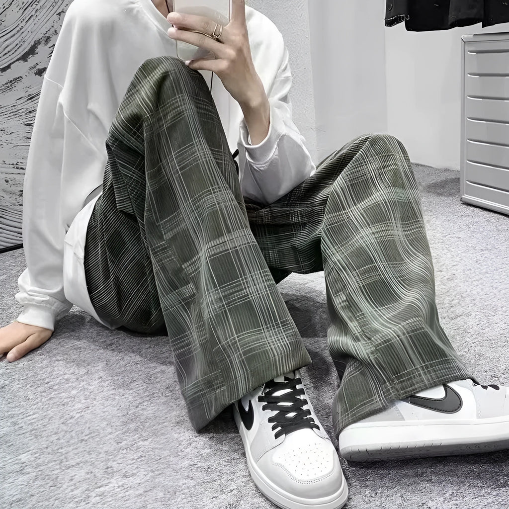 Japanese retro loose straight plaid trousers in black and green, mid waist, polyester fibre, sizes S to 3XL