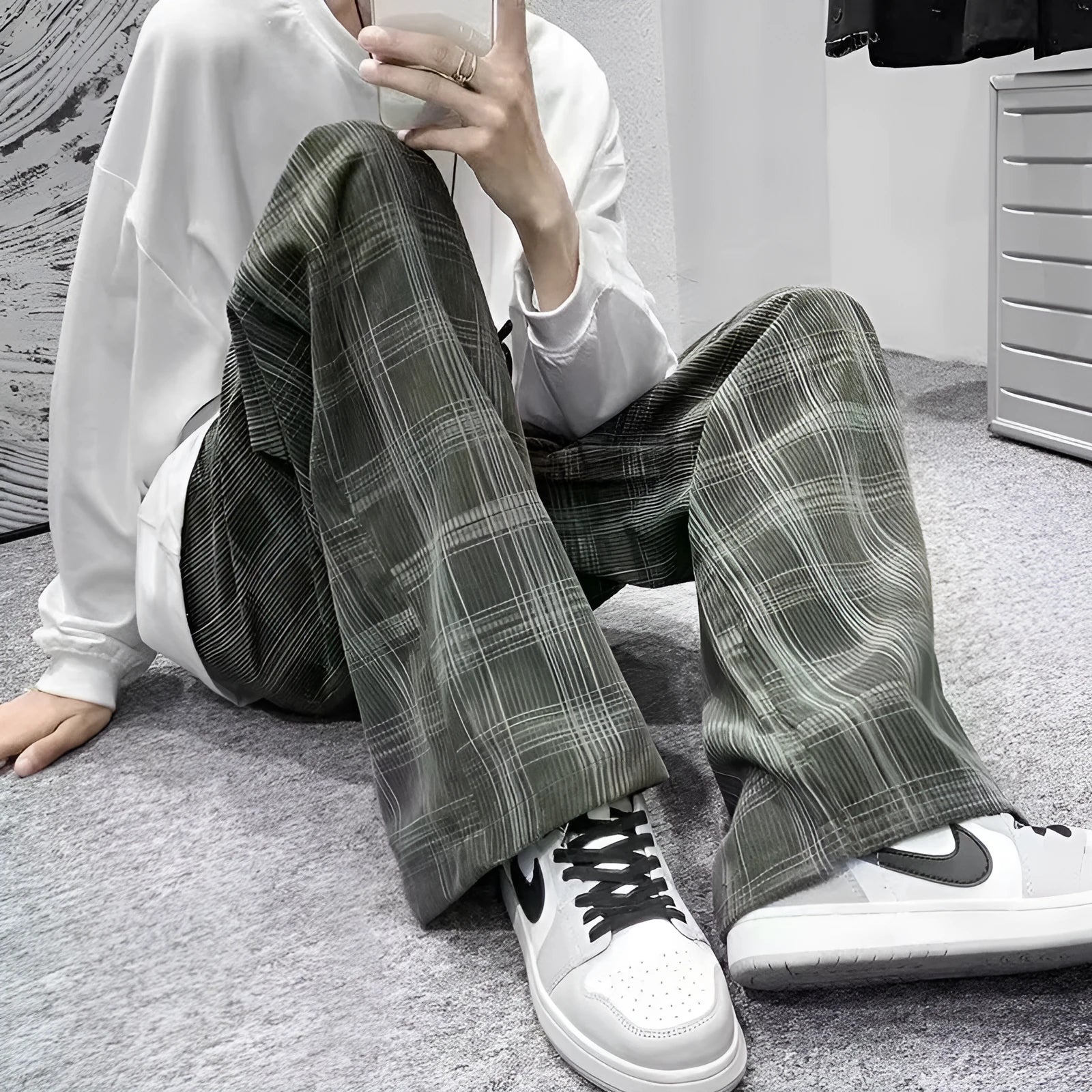 Japanese retro loose straight plaid trousers in black and green, mid waist, polyester fibre, sizes S to 3XL