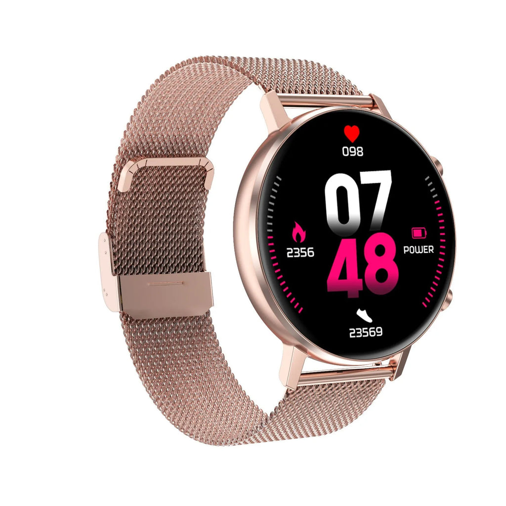 DT96 smart bracelet with stainless steel strap on a wrist, showing the 1.3-inch touch screen display.
